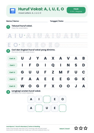 Huruf Vokal: A, I, U, E, O